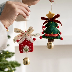 Christmas Felt Hanging Ornaments Tree House Sock Shapes With Metal Bells Festival Holiday Party Decor