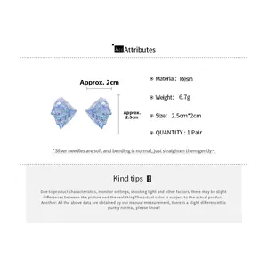 Detailed specs of irregular blue resin earrings with silver needles and foil flakes