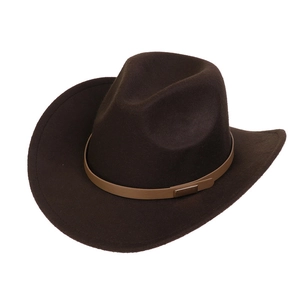 Detail view of the brown felt cowboy hat with faux leather band and metal buckle