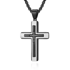 Men's Stainless Steel Triple Layer Cross Pendant Necklace With Rhinestone Inlay Religious Punk Style Jewelry For Men