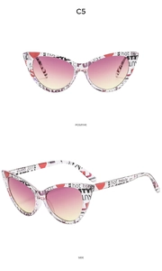 Front and side views of cat eye sunglasses with graffiti patterns and gradient lenses