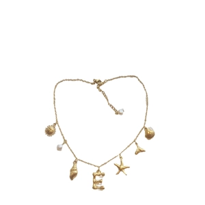 Gold stainless steel beach necklace with starfish shell pearl and letter E charm