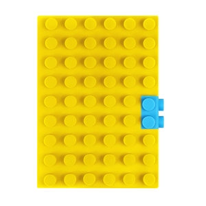 Detailed macro view of yellow 6x10 block plate and blue 2x1 plastic brick component