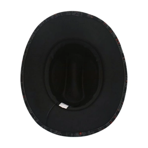 Black cowboy hat with patterned brim detail and interior view on white background
