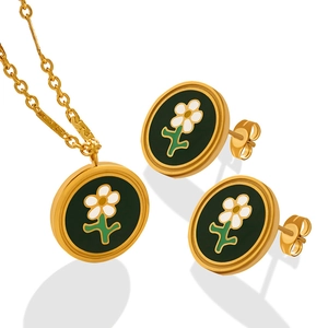 Titanium steel flower jewelry set with green enamel necklace and stud earrings