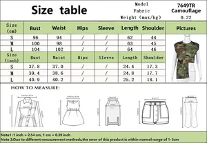 Detailed size chart for camouflage vest showing measurements in cm and inches for S to L