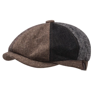 Classic British style patchwork newsboy cap with brown and grey wool blend texture