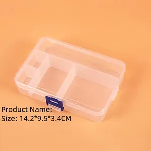 Detailed view of clear 5-compartment organizer box with blue buckle and dimensions