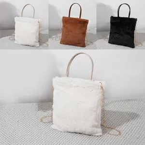 Detailed close-up of plush faux fur texture on bags with elegant gold metal chains