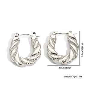 Silver twisted texture stud earrings with size 2.5cm by 2cm and weight measurements