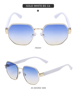 Front and side view of square gold frame sunglasses with blue-yellow gradient lenses