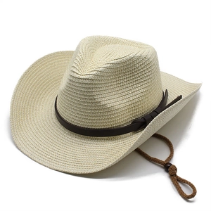 Wide brim straw cowboy hat with leather band and adjustable chin strap for sun protection
