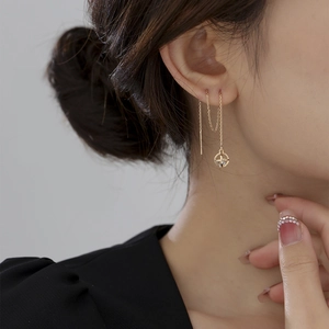 Detail view of long tassel gold threader earrings with round accents on model