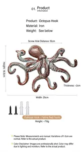 Detail van vintage gietijzeren octopus muurhaak met afmetingen en montage-accessoires inbegrepen