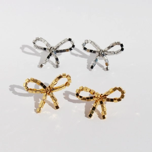 Korean Hand Woven Bowknot Cube Stud Earrings For Women Brass Gold Silver Plated 925 Sterling Silver Post Geometric Jewelry