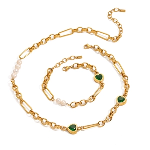 Golden stainless steel necklace and bracelet set with green hearts and white pearls