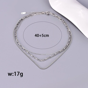Three-layer silver stainless steel layered necklace with varied chain links 40+5cm