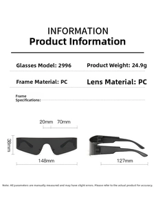 Detailed size specifications and PC material info for futuristic rimless sport sunglasses
