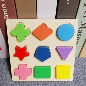 Macro detail of wooden Montessori puzzle with nine colorful geometric shape inserts