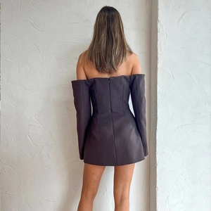 Slim fit dark grey tube dress with long sleeves and invisible back zipper closure details