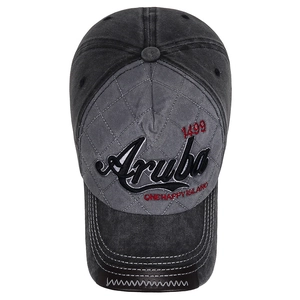 Vintage dark gray washed cotton baseball cap with Aruba 1499 quilted embroidery design