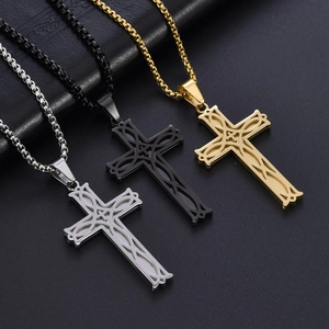 Men's stainless steel Irish knot cross necklaces in silver, black, and gold tones