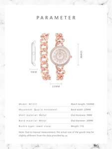 Detailed specs of rose gold quartz watch with rhinestone bezel and Roman numerals