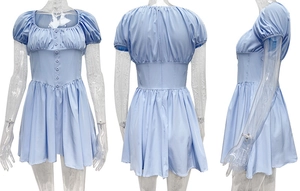 Three-sided view of light blue puff sleeve dress with waist tie and front buttons
