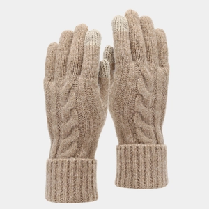 Detail of camel cable knit gloves with touchscreen fingertips and wide ribbed cuffs