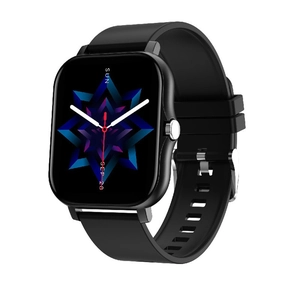 Black smartwatch with 1.83 inch touch screen and silicone strap shown in 45-degree view
