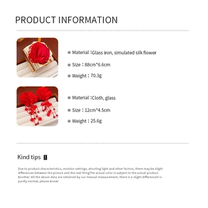 Infographie présentant boucles d'oreilles et bracelet fleur rouge avec dimensions précises