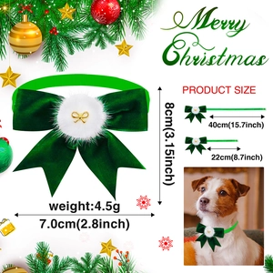 Green velvet Christmas pet bowtie with gold ribbon and white pom pom for dogs and cats