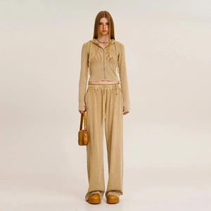 Detail of vintage khakis slim fit zip hoodie and wide-leg trousers knit set for women