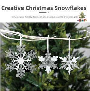 Three white glittery hollow acrylic snowflake ornaments hanging on a Christmas tree branch