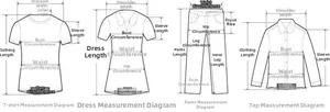 Detailed size guide for dresses and pants showing measurements for bust, waist, and length