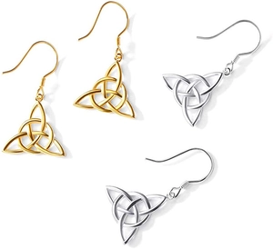 Detailed view of Triquetra Celtic knot drop earrings in gold and silver finishes