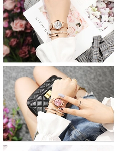Close-up of a stylish rose gold watch and clover bracelet worn with a quilted bag.