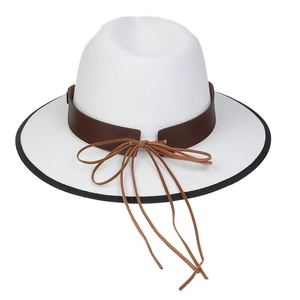 Detail of white felt fedora with brown leather band and black trim edge decoration