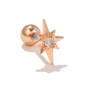 Detail of rose gold star stud earring with clear zircon and screw-back ball closure