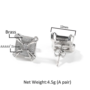 Dragon claw square zircon stud earrings in brass featuring a retro hip-hop design 12mm