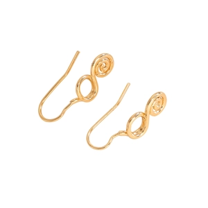 Detail shot of golden spiral twist fish hook earrings with minimalist infinity texture