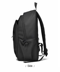 Side view of a black nylon backpack featuring a functional side pocket and drawstring detail