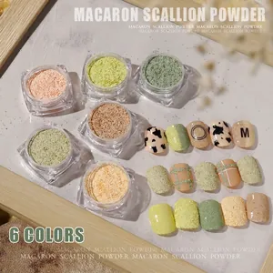 Set nail art 6 colori polvere glitter Macaron con effetti su sfondo di marmo
