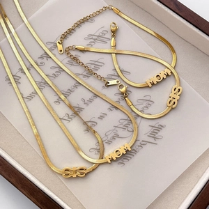 Gold 18K plated snake chain jewelry set with MOM and SIS letter charms for women