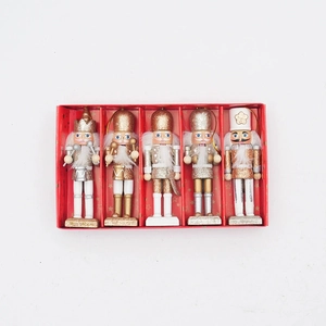 Set of 5 gold and silver Christmas nutcracker soldier ornaments in red gift box