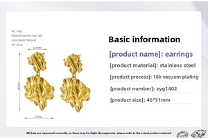 Detailed view of 18K gold plated lava earrings showing leaf design and measurements