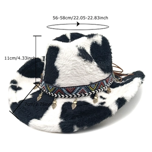 Plush cow print western cowboy hat with ethnic style band and heart pendants