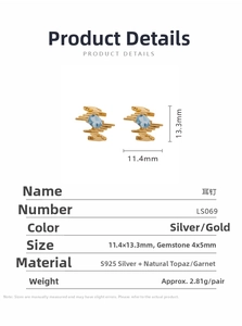 Detailed specs of geometric silver earrings with oval natural blue topaz and gold finish