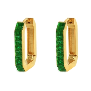 Minimalist gold rectangular earrings with green zircon stones in a sleek geometric design