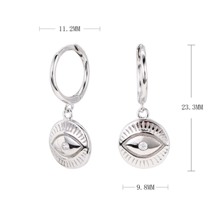Detailed dimensions of silver Evil Eye earrings with clear zircon stones on white background